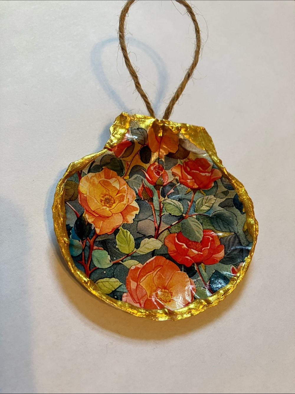 Handcrafted Seashell Ornament Floral Decoupage 3 inch